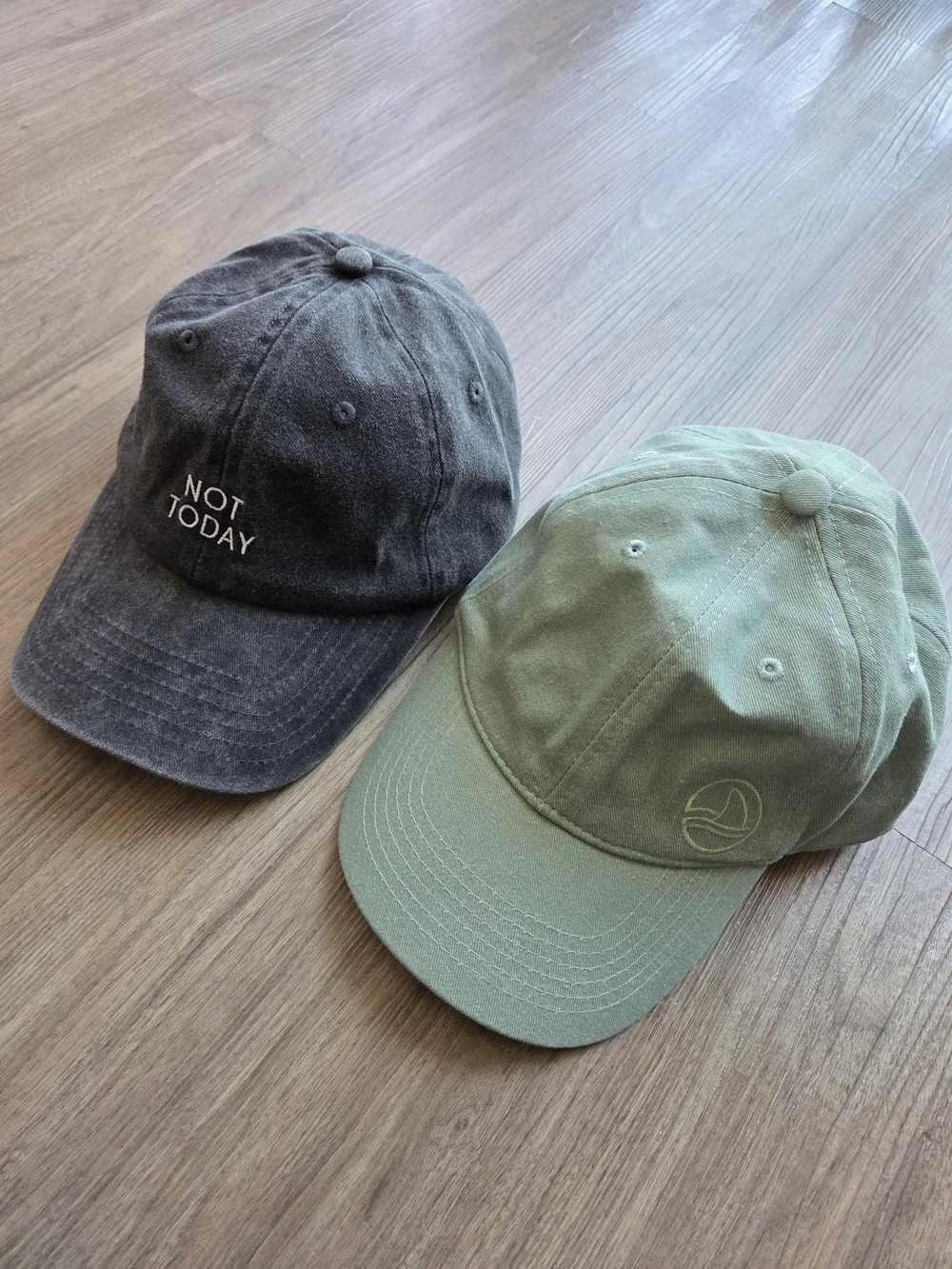 NWOT Caps: Arey Not Today Charcoal Gray & Biossance Sage Green Dad Hats Lot of 2